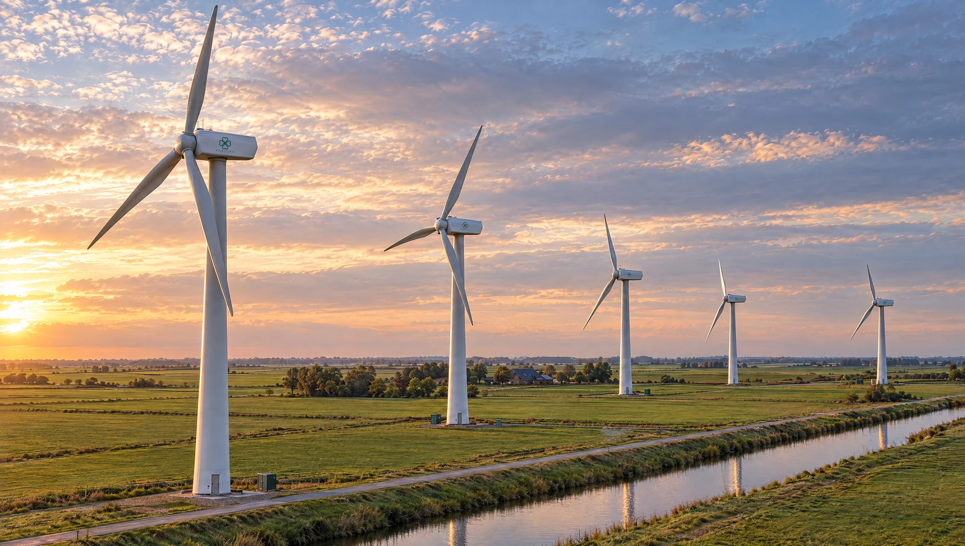 Concept wind farm with five large turbines, each carrying the Fortuna Energy logo.