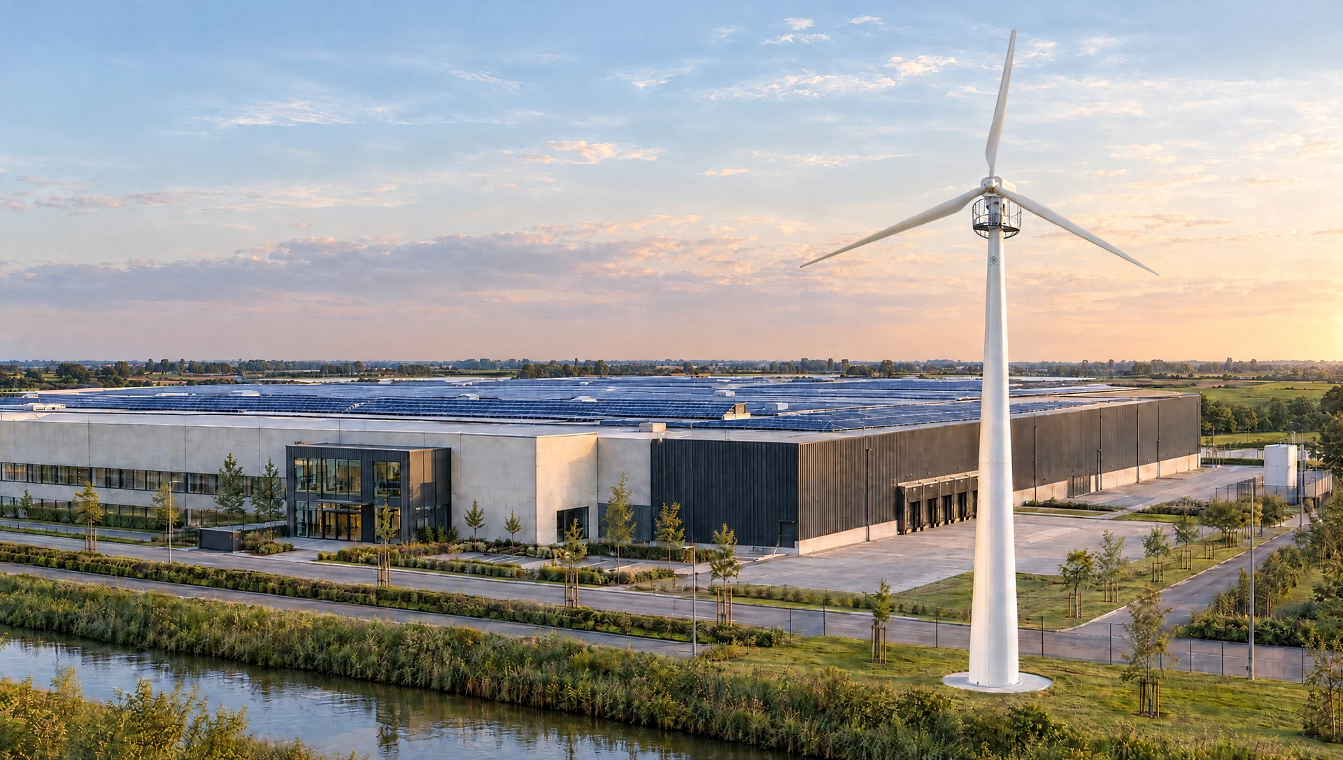 Concept: StroomMaker beside an industrial factory with rooftop solar.