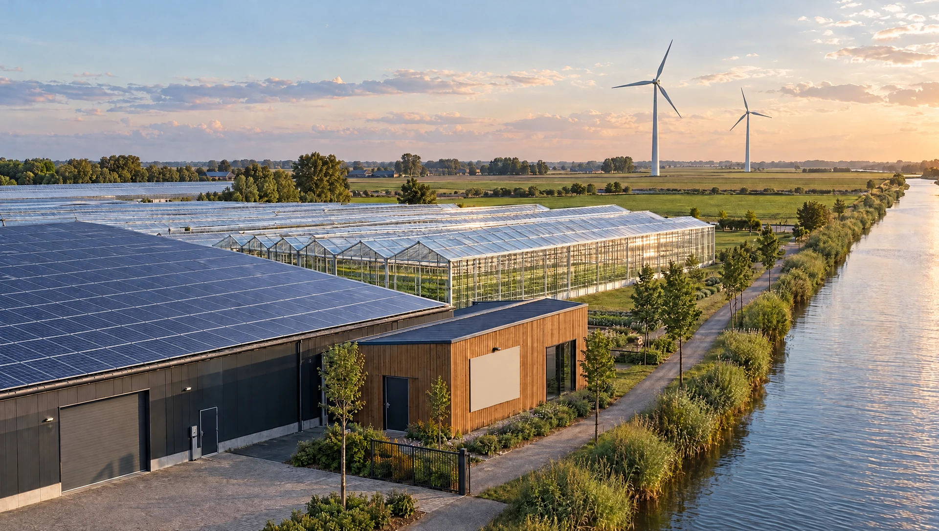 Concept: solar roofs, greenhouses and wind generation at an agricultural site.