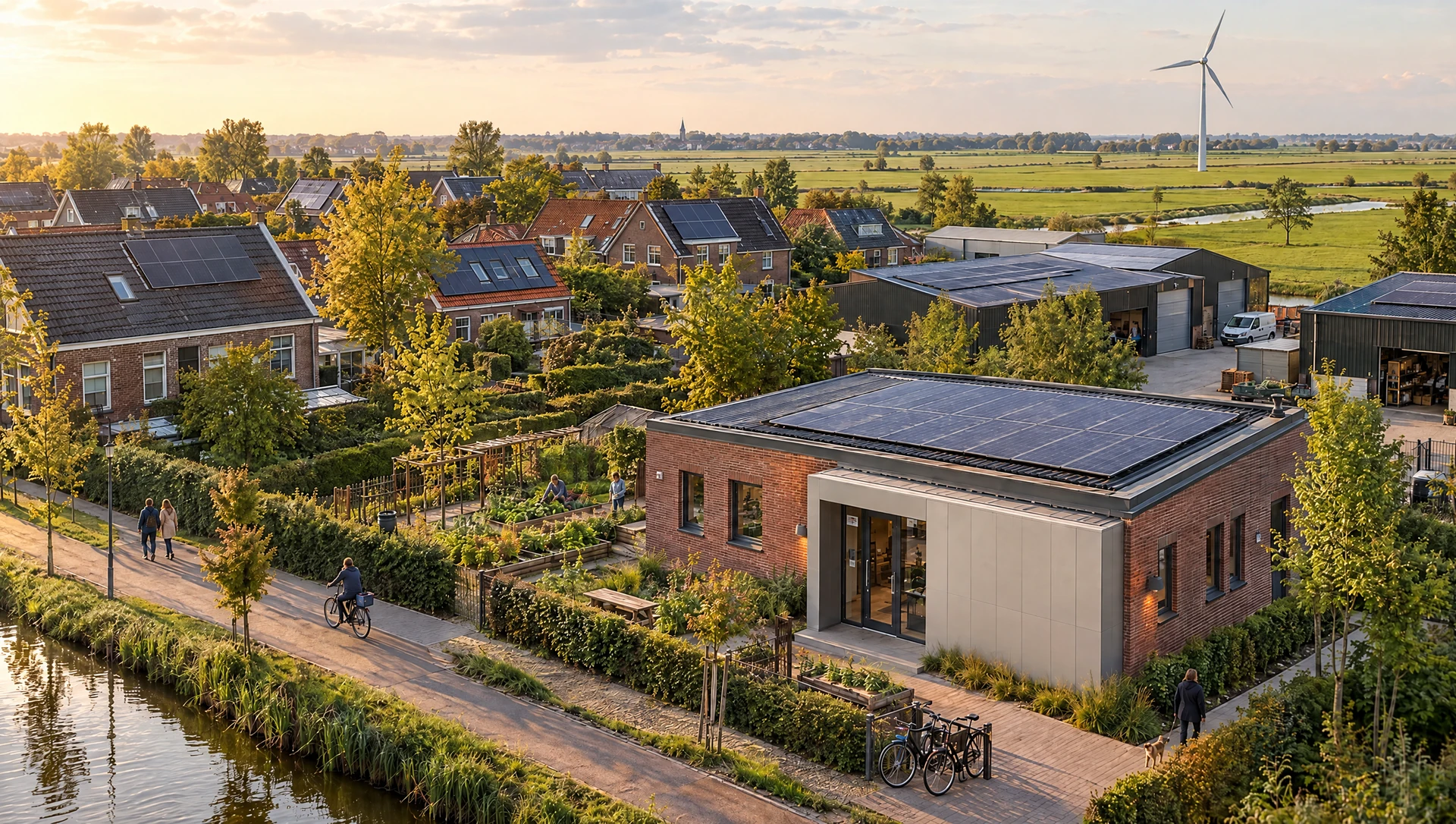 Concept: homes and a community workshop with local solar and wind energy.