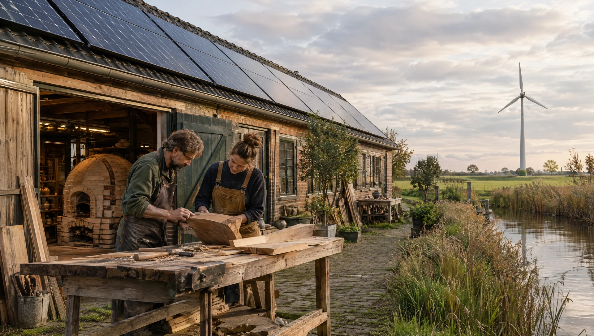 Concept: two makers at a Dutch workshop with rooftop solar and a wind turbine on their property.