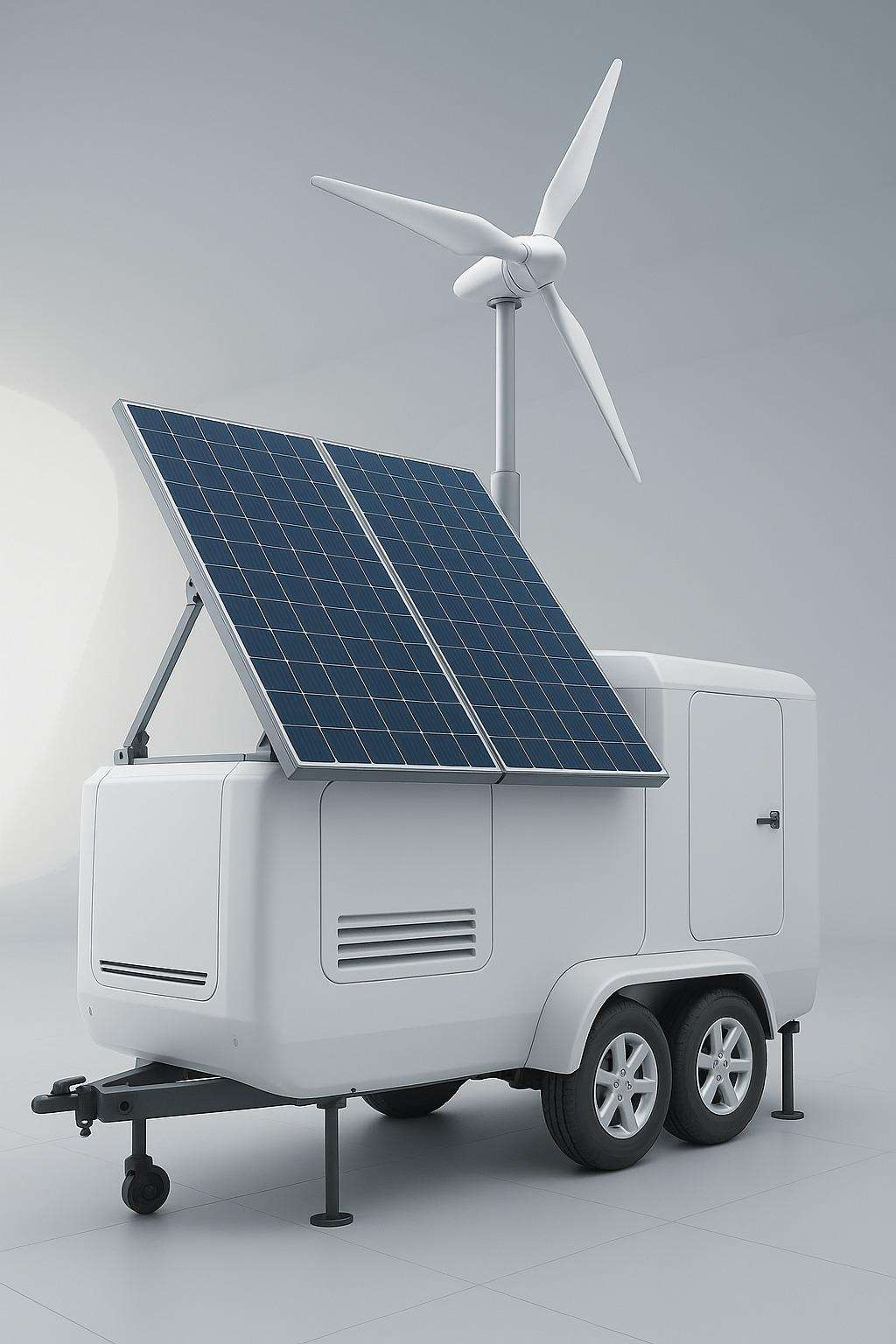 Mobile Energy trailer with wind turbine and solar panels.