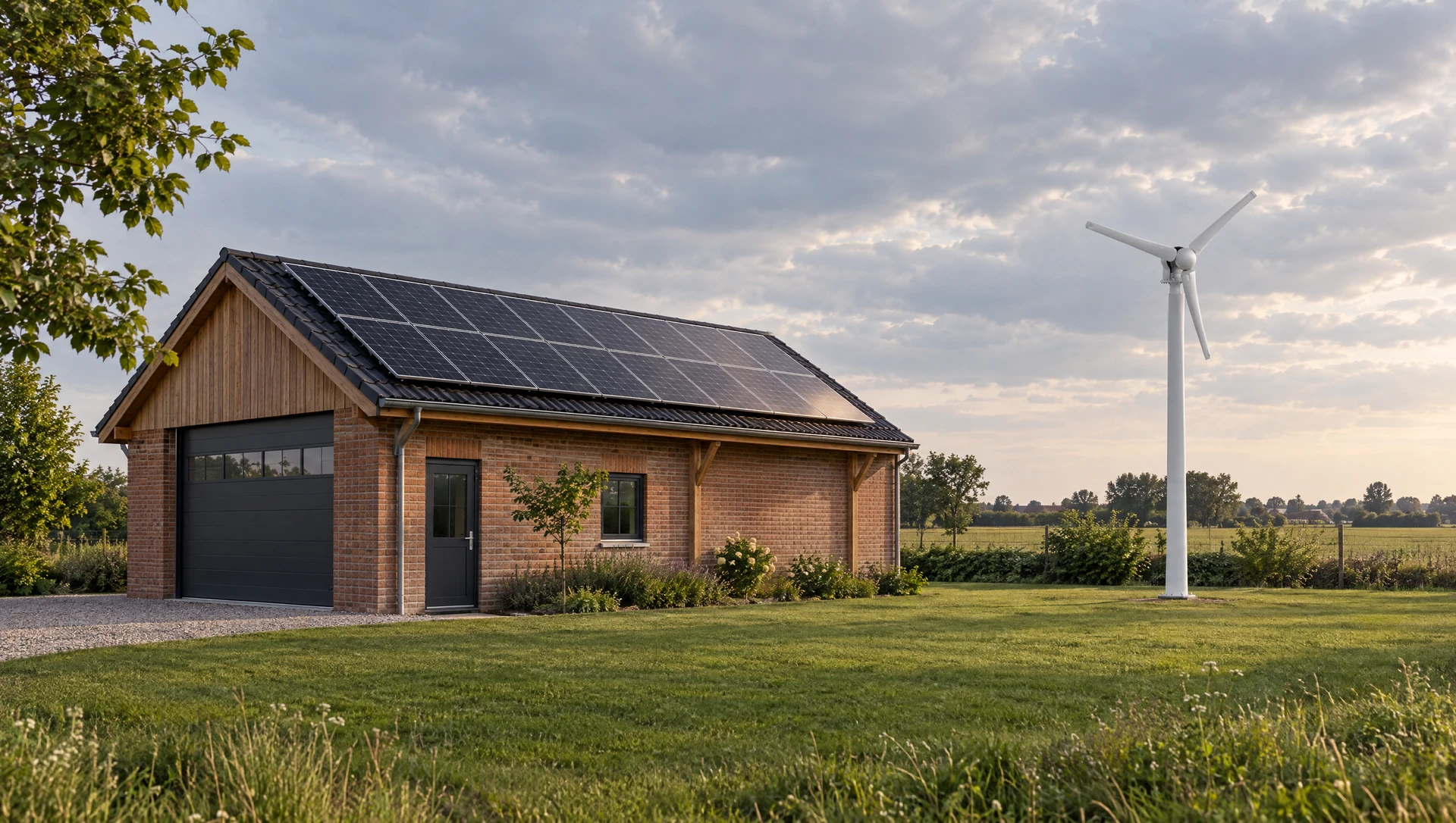 Concept: wind and rooftop solar beside a Dutch workshop.