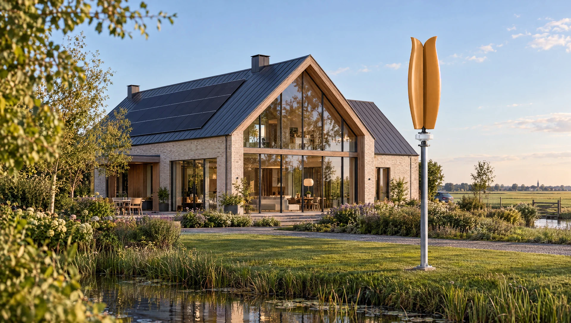 Concept: a Dutch home with a closed Nederlands Tulp turbine and rooftop solar panels.