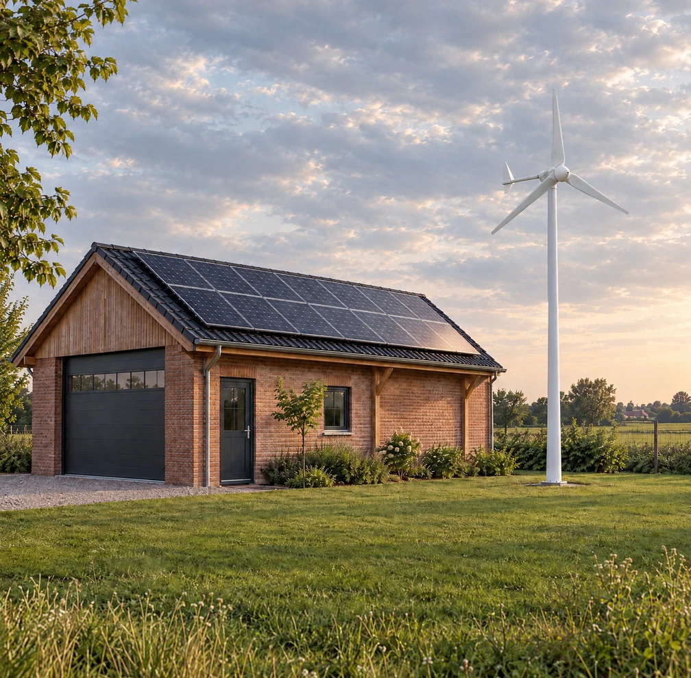 Wind and rooftop solar beside a workshop