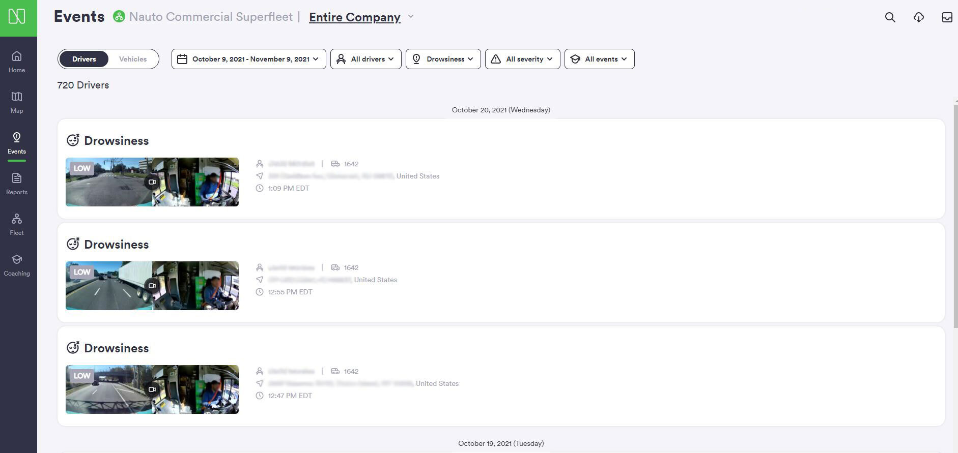 Drowsy driver detection alert events in Nauto