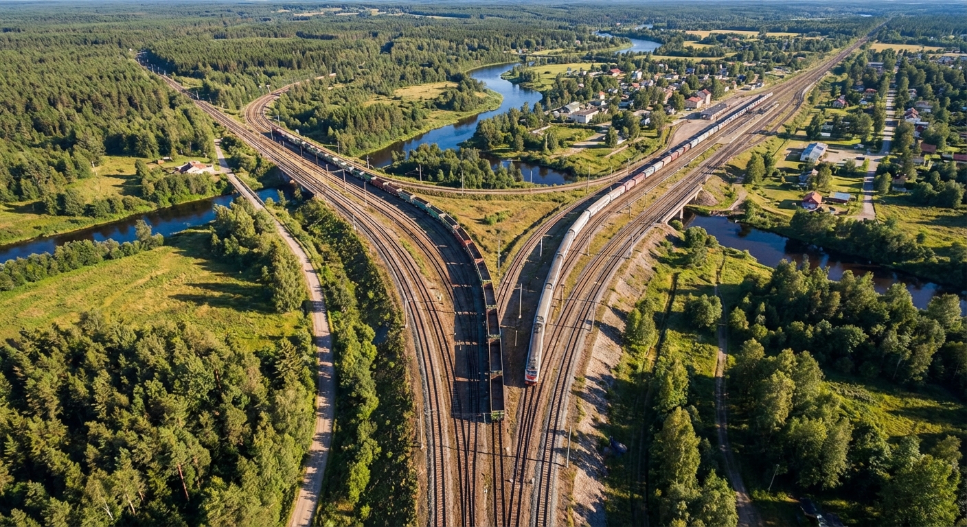 Aerial view of highway junction through forest