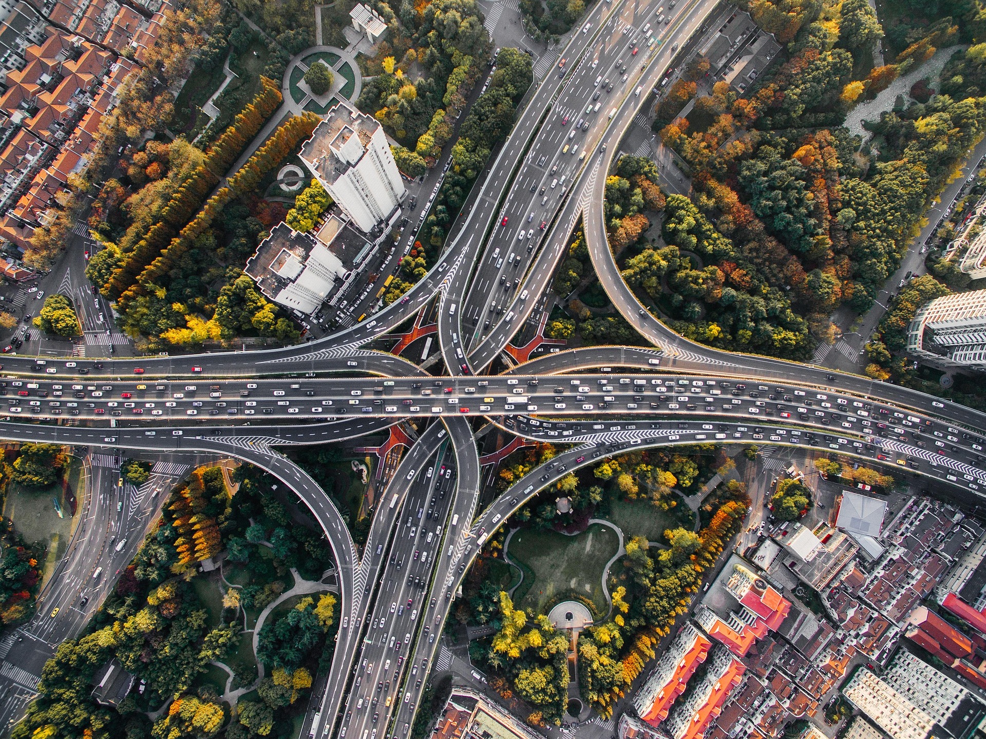 Highway interchange aerial view in urban area