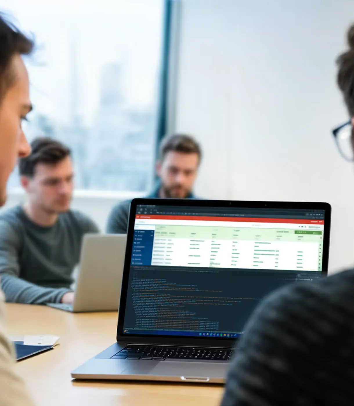 A diverse group of people gathered around a table, collaborating with a laptop in the center.