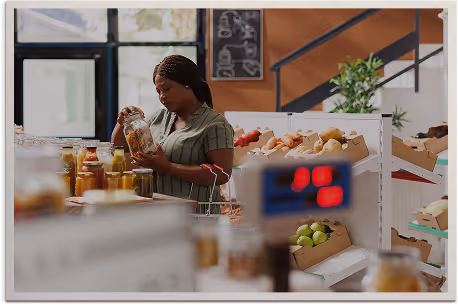 Woman examining a jar of preserved food in a grocery store aisle with various fruits and vegetables on shelves.