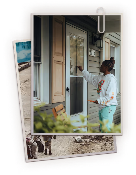 Woman wearing a white hoodie and mint green pants standing at a gray house door, knocking.