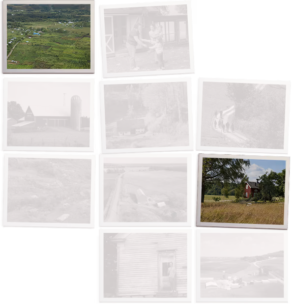 Collage of ten photographs featuring rural and farming scenes, including aerial farmland views, barns, countryside roads with people walking, a man standing in a doorway of a wooden building, and a family interacting outdoors.