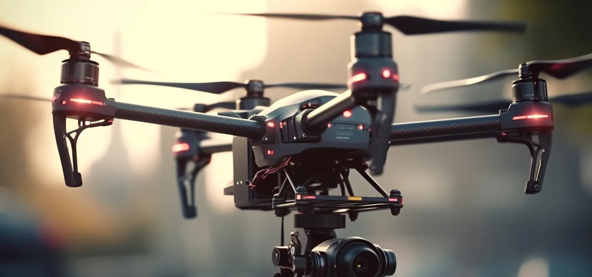 Close-up of a black quadcopter drone with four propellers and a mounted camera, hovering outdoors.