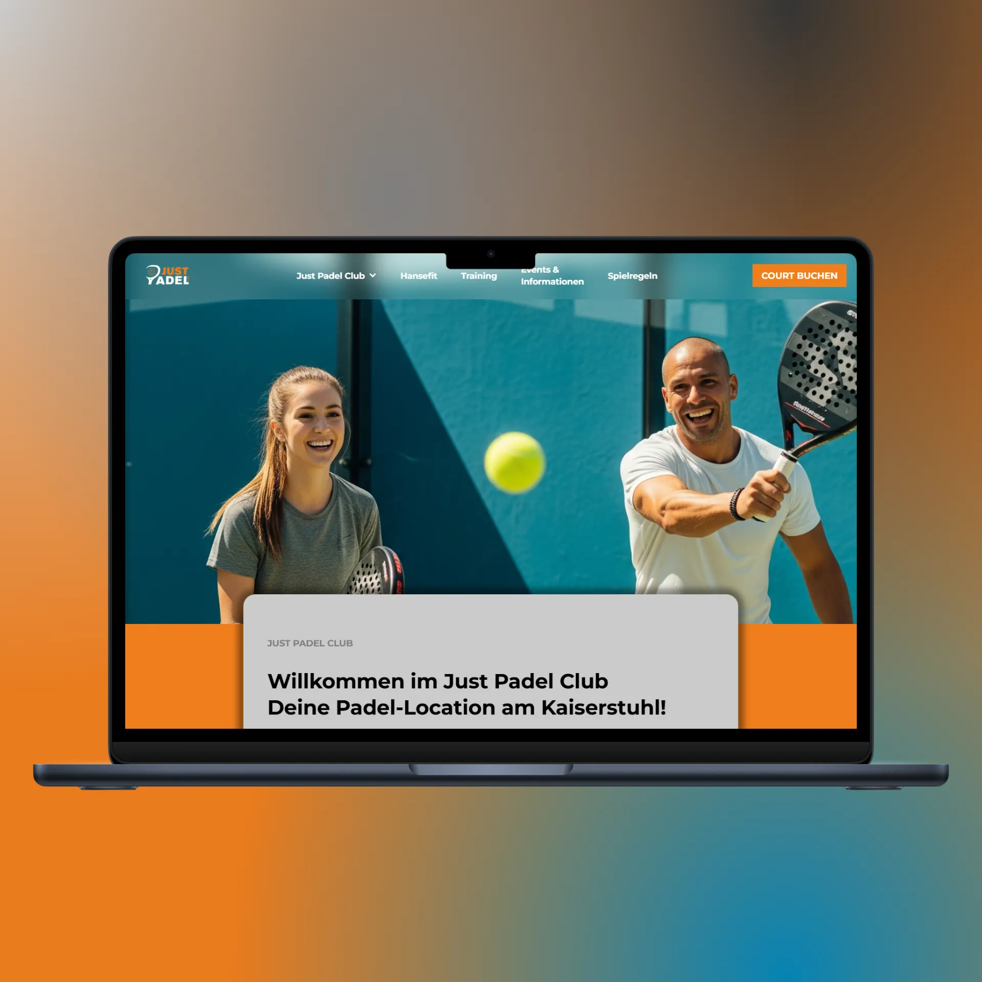 Modernes Webdesign Referenzprojekt für einen Padel-Club in der Region Karlsruhe – Optimierte Darstellung auf einem Laptop.