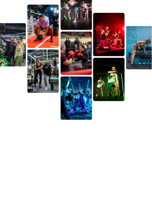 Collage of fitness activities including weightlifting, boxing, group exercise classes, stretching, and dance performances in various vibrant lighting settings.
