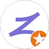 Blue stylized 'Z' with an orange star badge on the lower right within a white circle.