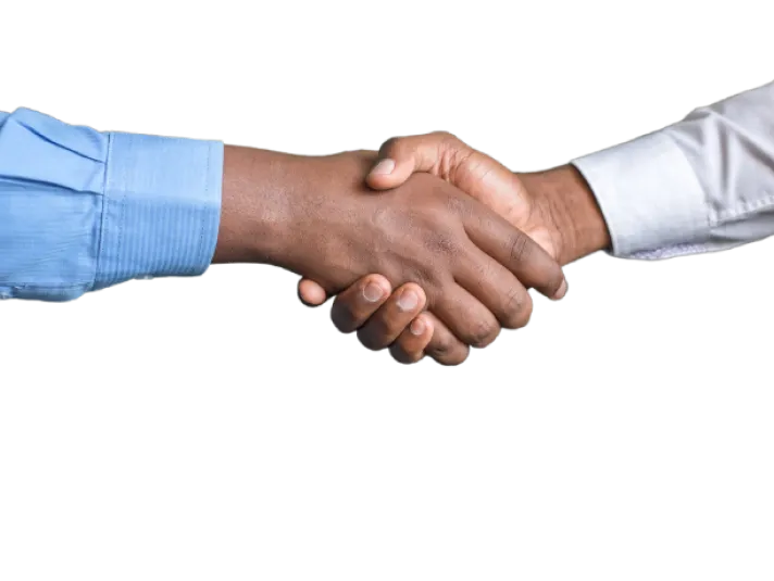 Two people shaking hands, one wearing a blue shirt and the other a white shirt.