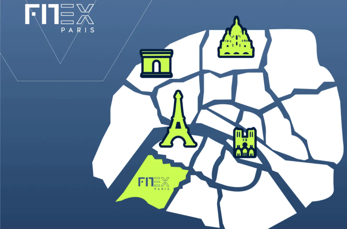 Map of Paris with icons marking Eiffel Tower, Arc de Triomphe, Sacré-Cœur, and Notre-Dame, highlighting FITEX Paris location.