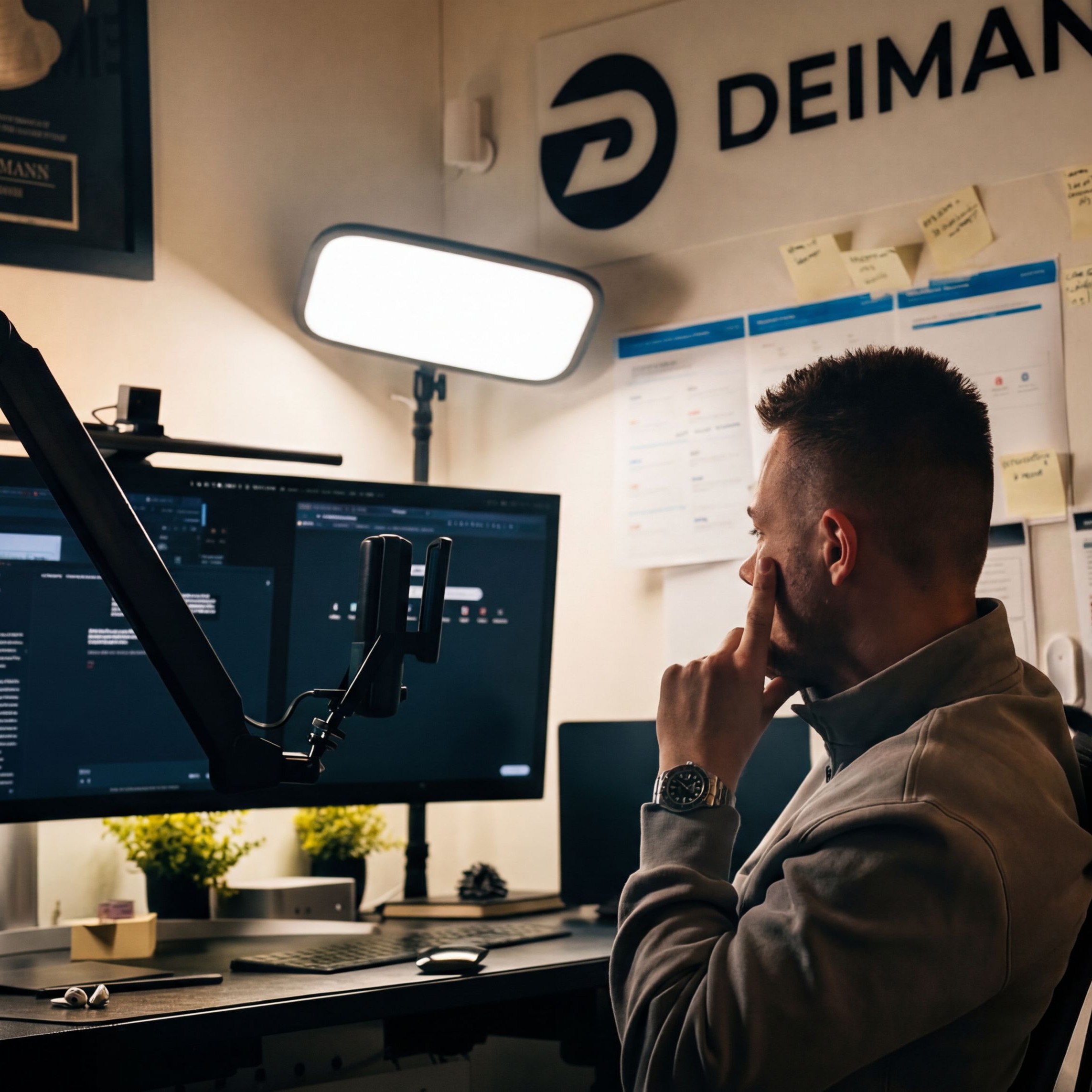 Man sitting at a desk in an office, looking thoughtfully at a large computer monitor with dark-themed code or interface, next to a bright rectangular light panel and microphone arm.
