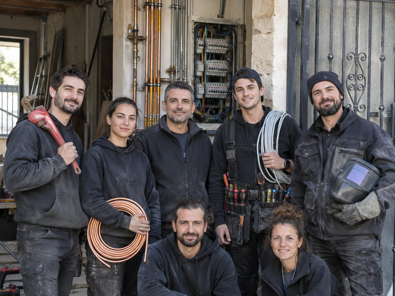 Équipe Établissement Pascal - sept artisans plombiers, électriciens et serruriers devant leur atelier