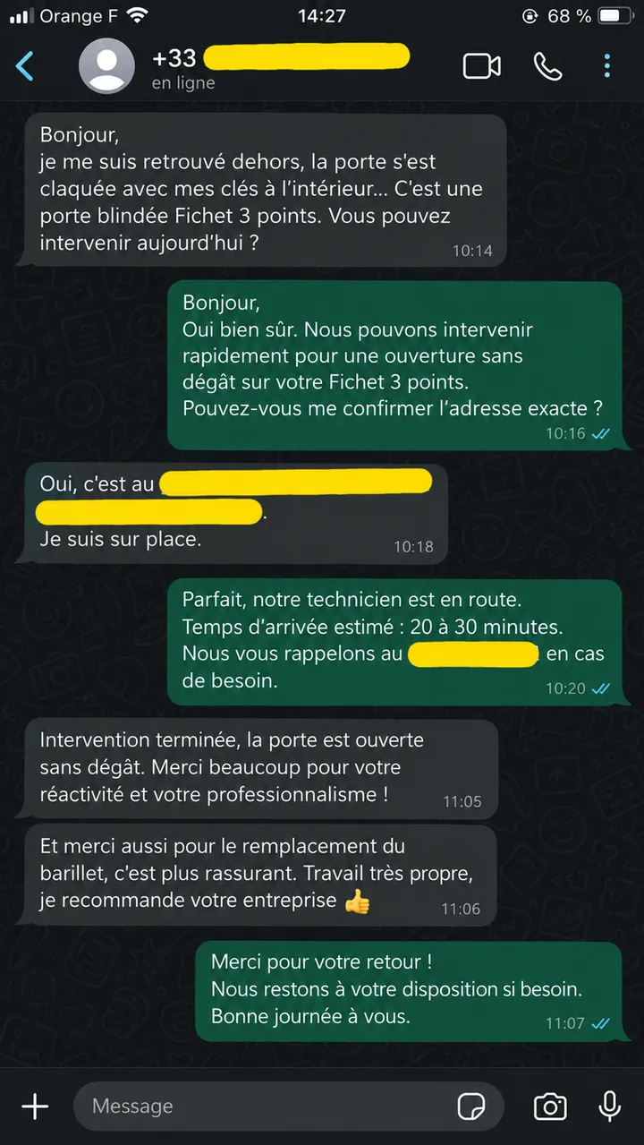 Message d'un client après une intervention de serrurerie