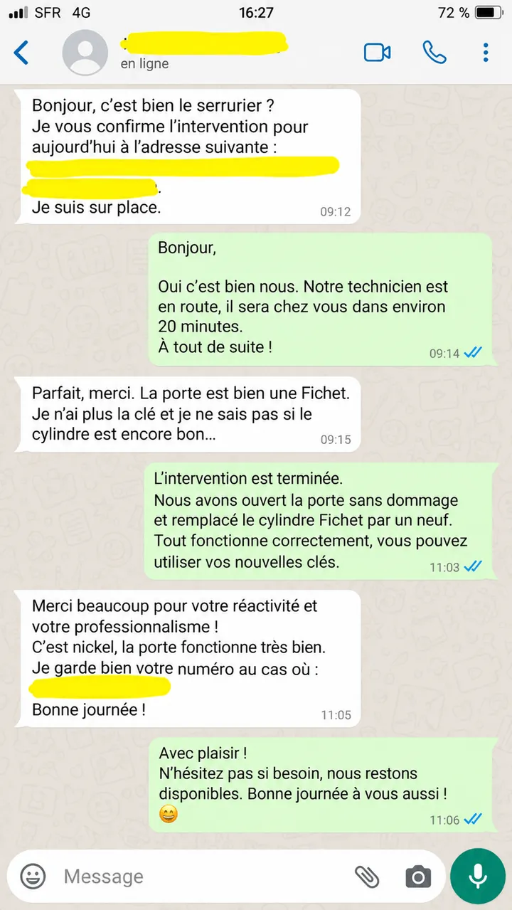 Message d'un client après une intervention de serrurerie