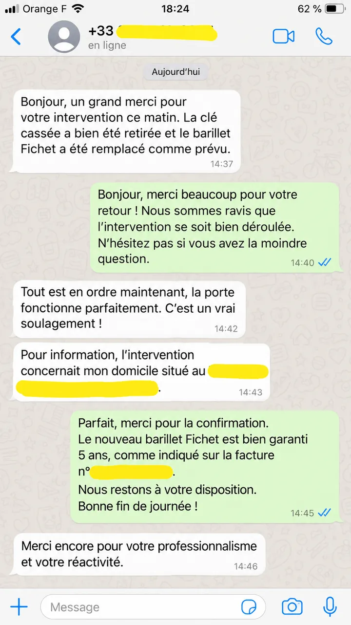 Message d'un client après une intervention de serrurerie
