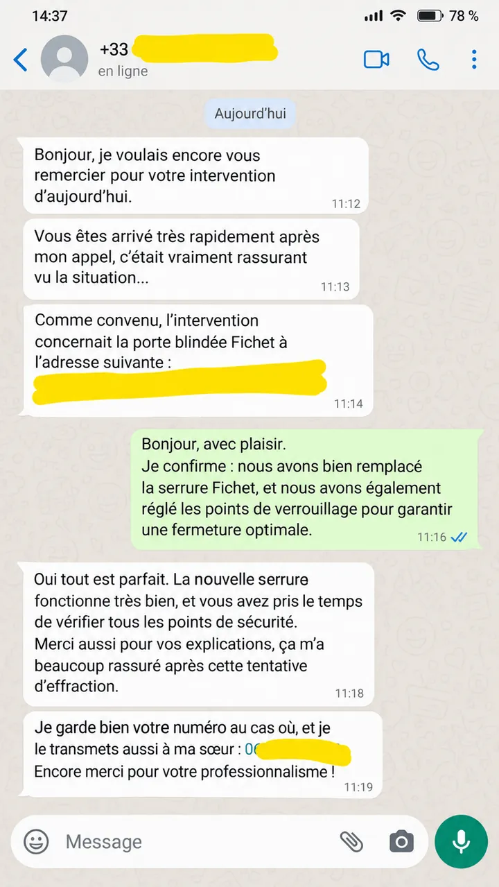 Message d'un client après une intervention de serrurerie