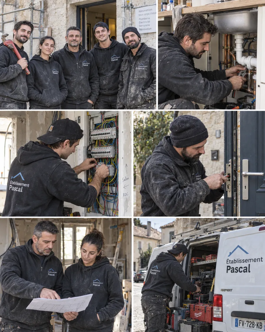 L'équipe Établissement Pascal et ses interventions : plomberie sous un évier, tableau électrique, serrure de porte, lecture des plans, camion d'intervention