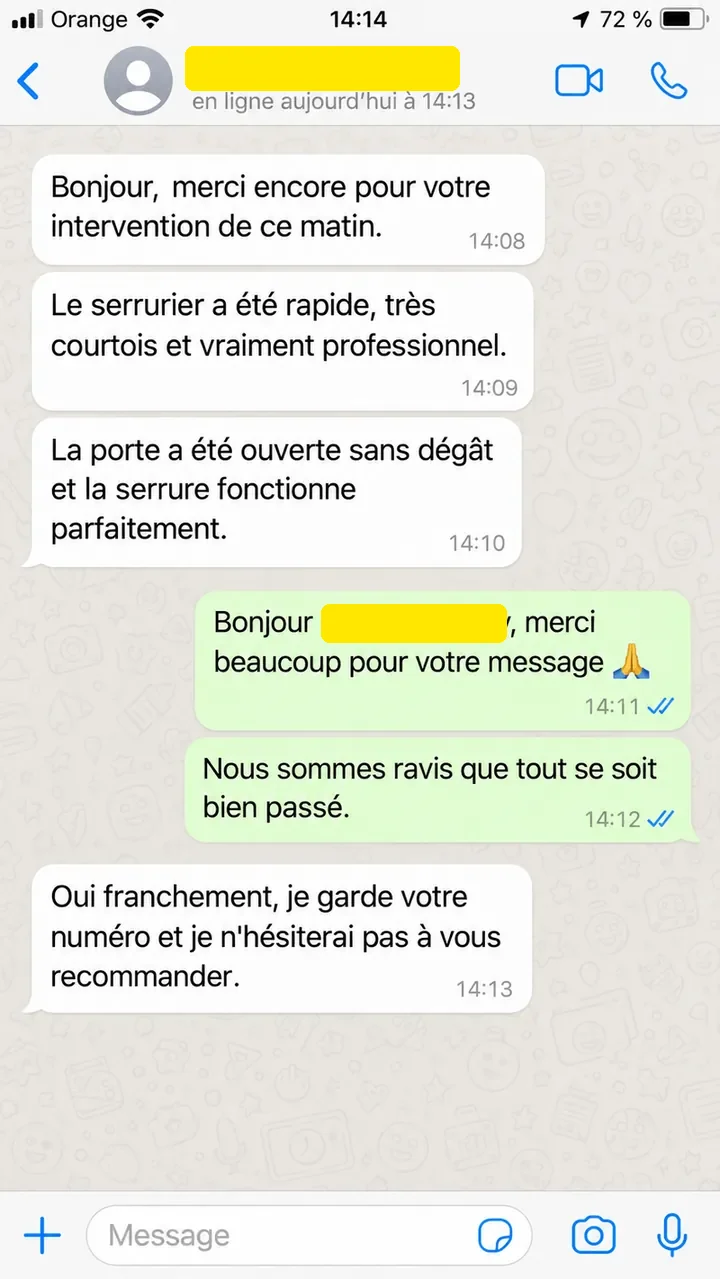 Conversation WhatsApp avec un client après une intervention