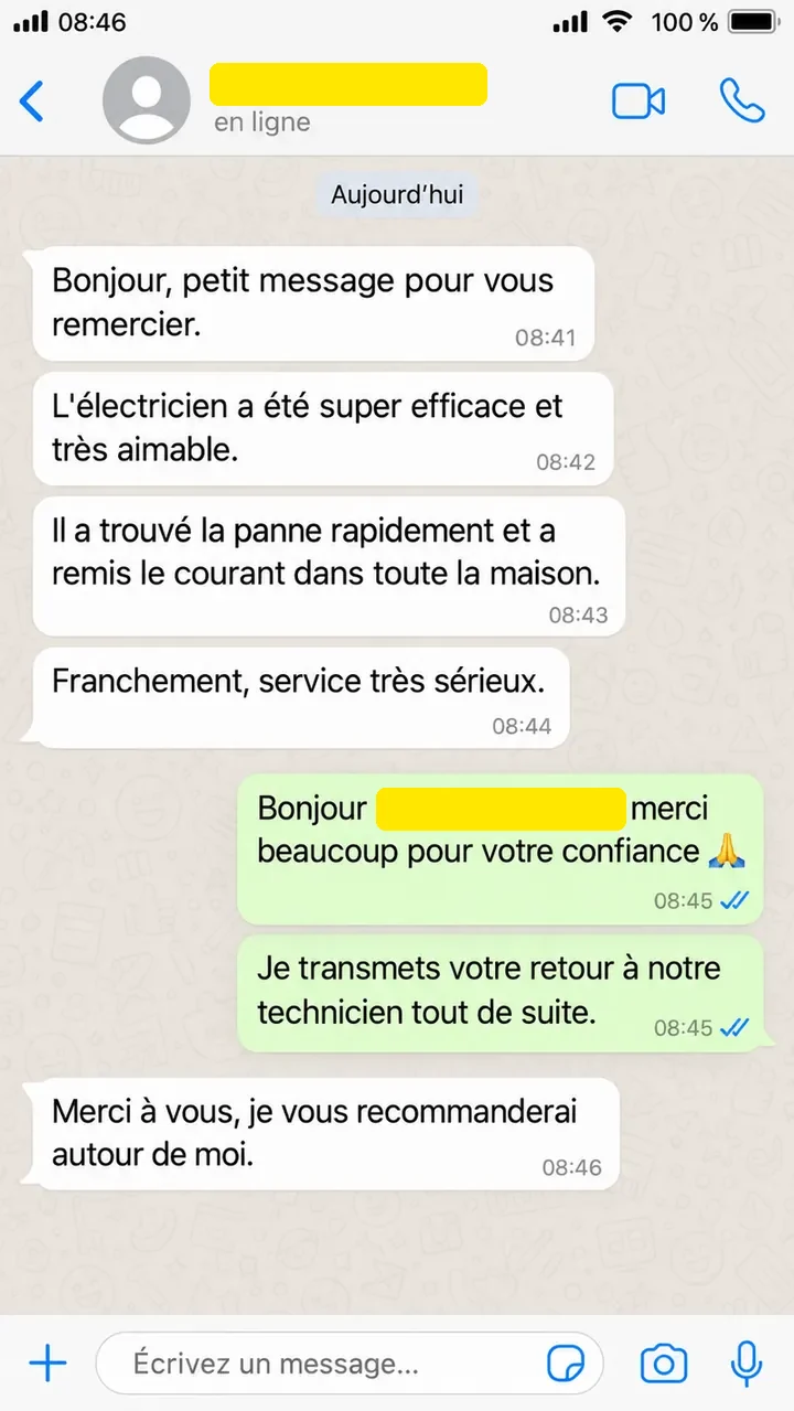 Message d'un client après une intervention d'électricité
