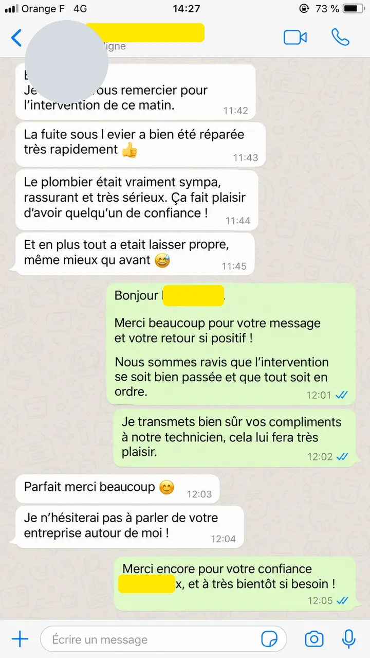 Message d'un client après une intervention de plomberie