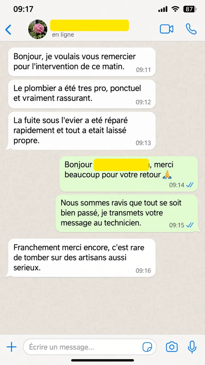 Message d'un client après une intervention de plomberie