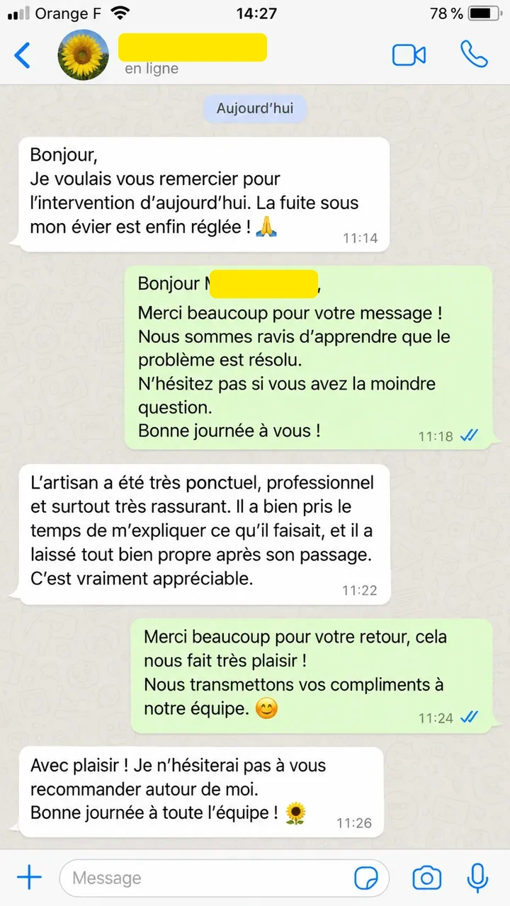 Message d'un client après une intervention de plomberie