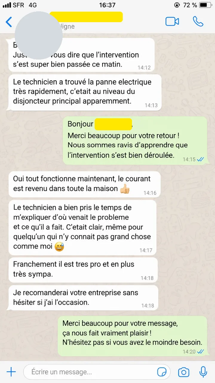 Message d'un client après une intervention d'électricité