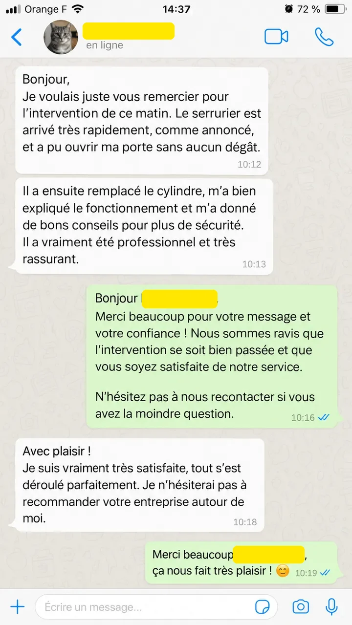 Message d'un client après une intervention de serrurerie