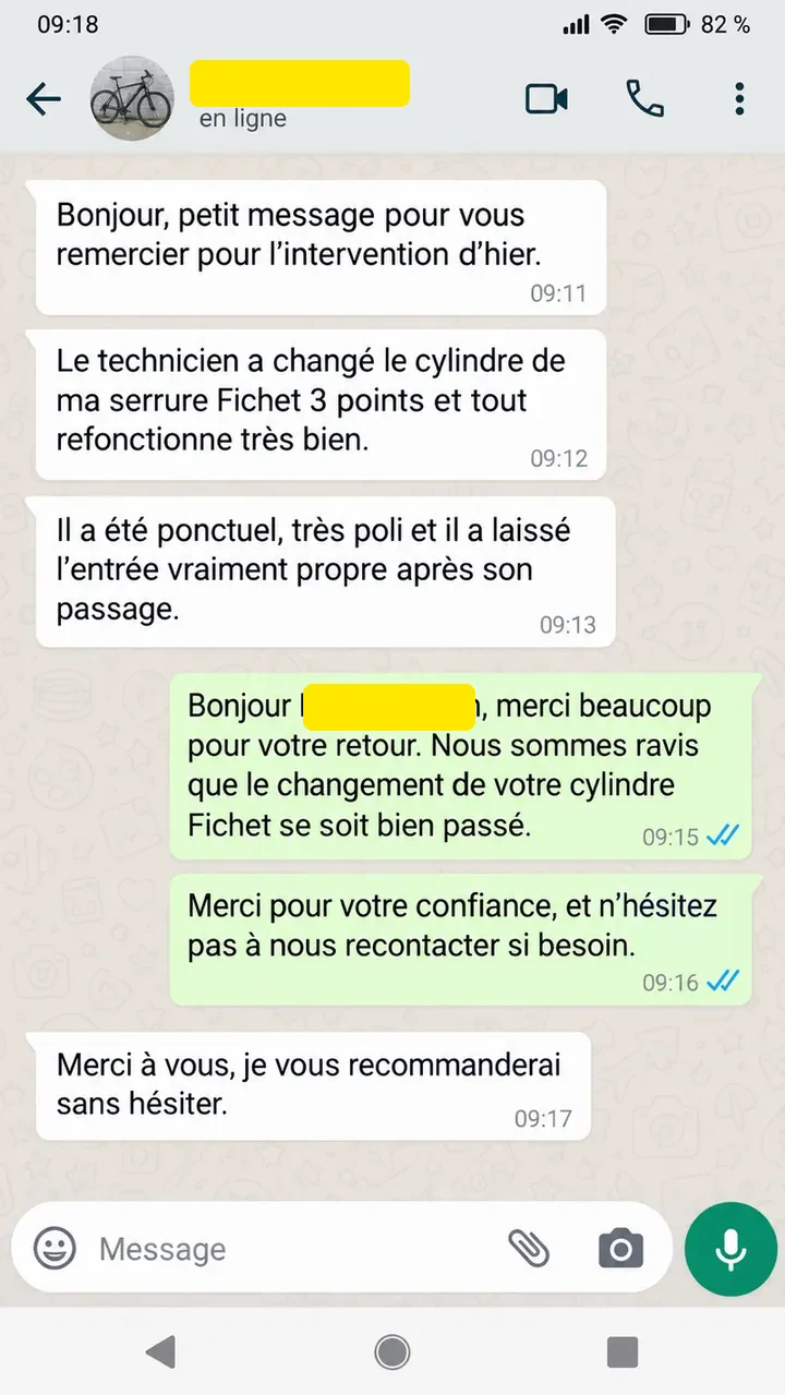 Message d'un client après une intervention de serrurerie