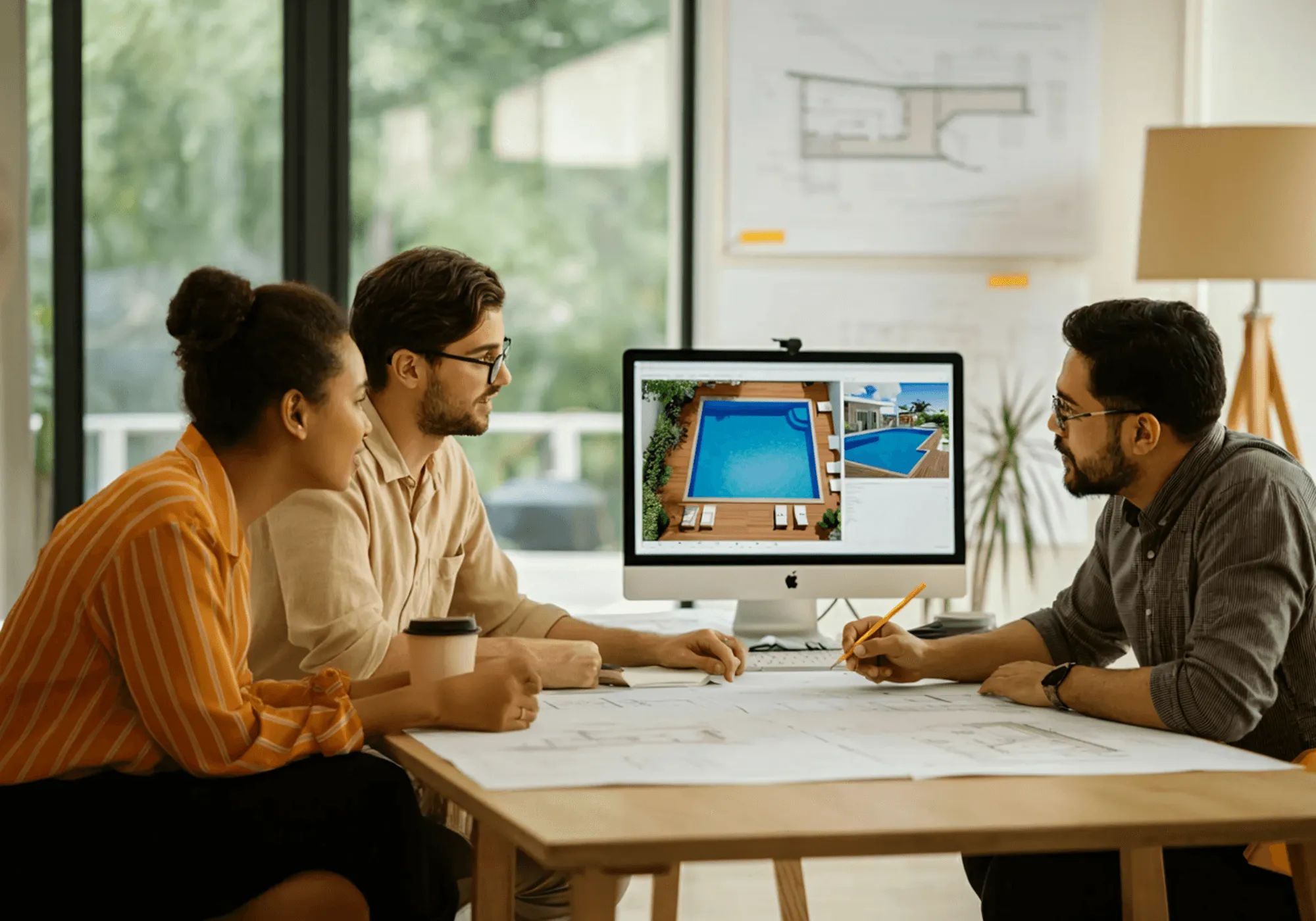 A warm and inviting scene of a couple discussing pool designs with an architect in a modern office, showing detailed blueprints and vibrant 3D renders on a screen. The mood is collaborative and creative, emphasising attention to detail.