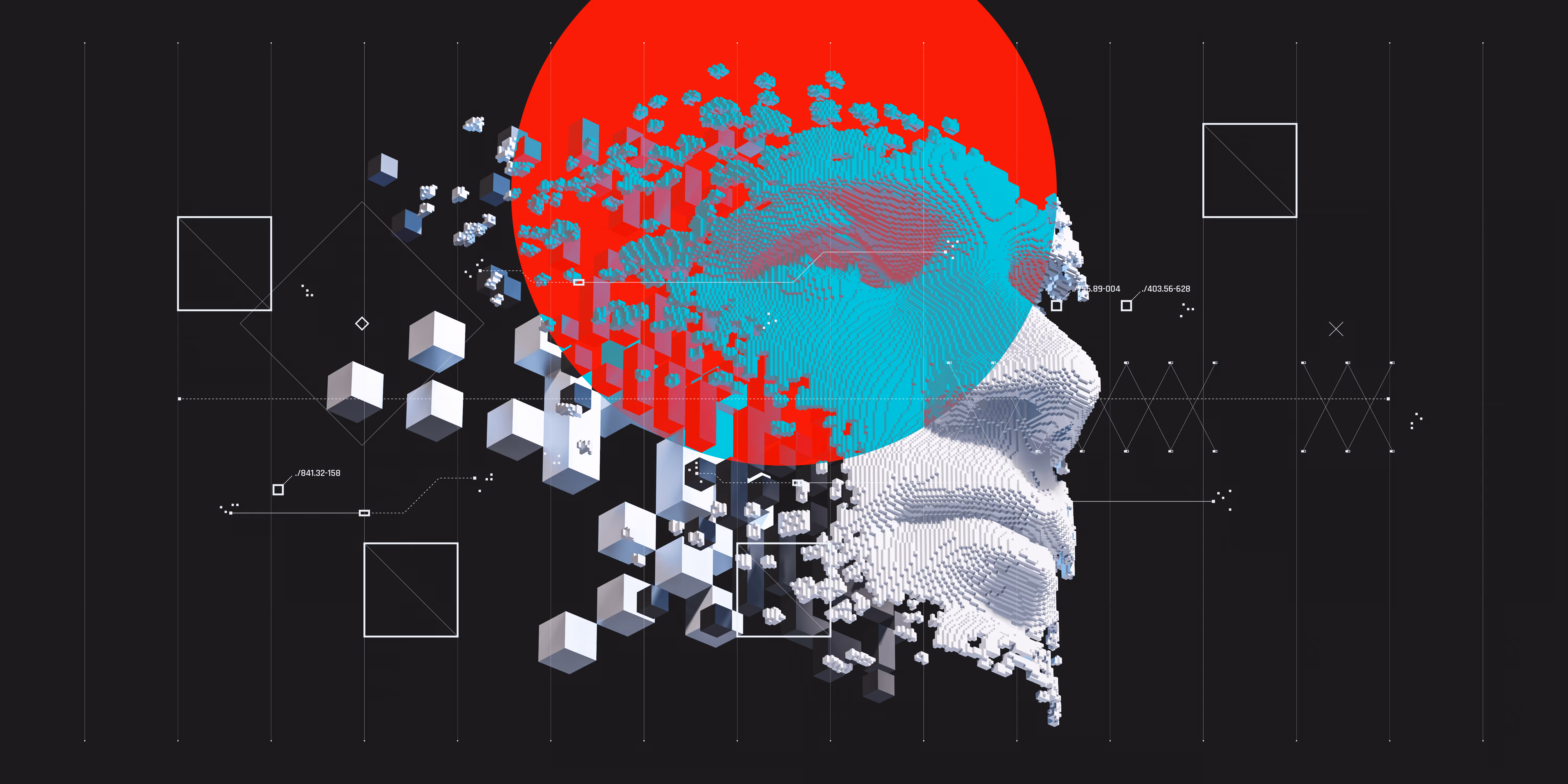 Digital 3D pixelated profile of a human face with blue and red abstract elements against a black background.