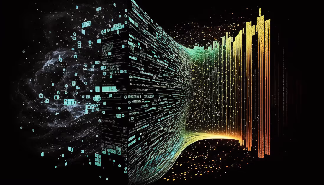 Abstract visualization of digital data flow converging and transforming from turquoise code blocks on the left into yellow, orange, and green vertical data streams on the right against a black background.