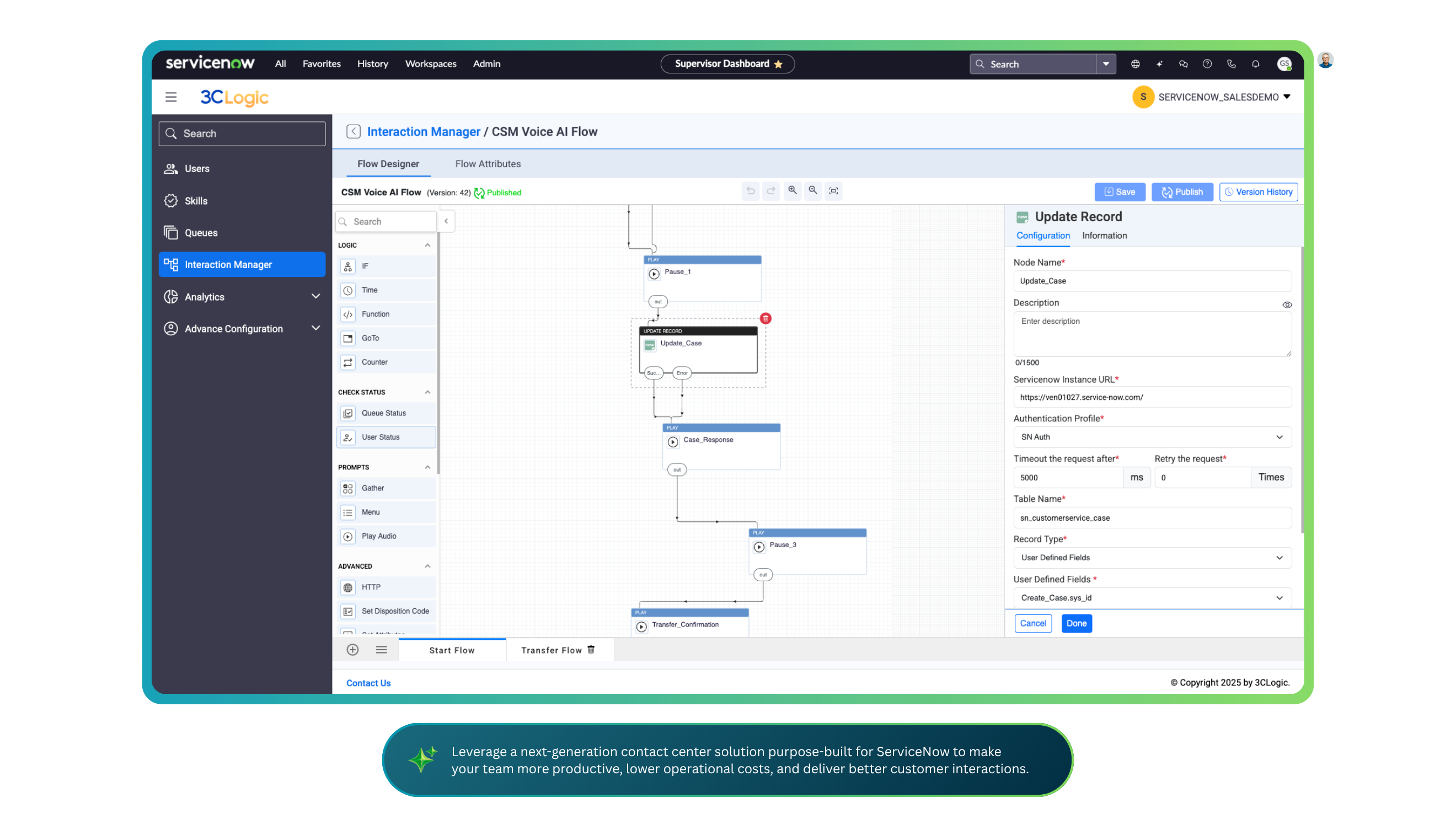 3CLogic Interaction Manager flow designer in ServiceNow, showing a voice AI call flow with an Update Record node configured to write to a ServiceNow table.