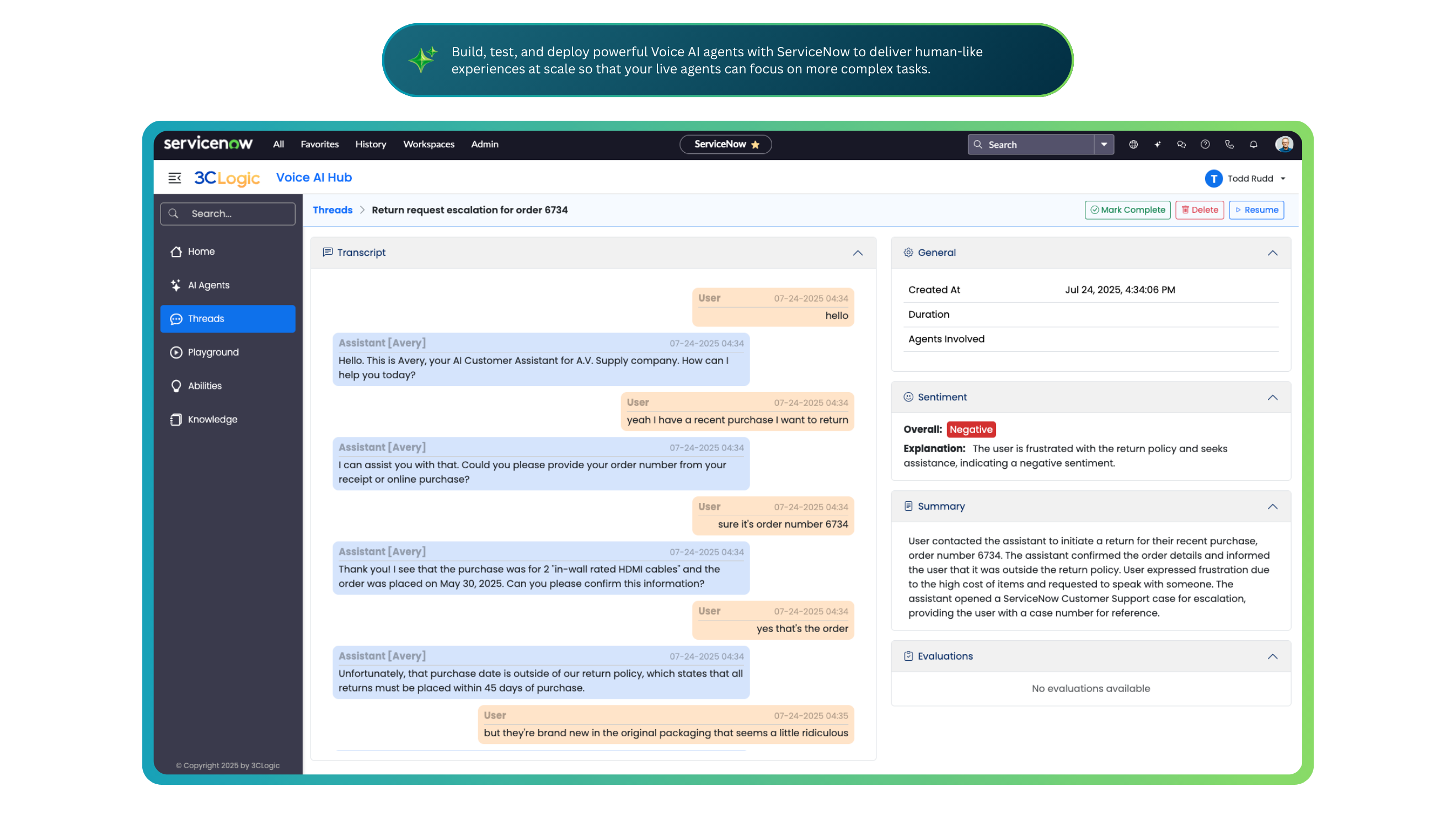3CLogic Voice AI Hub in ServiceNow showing a voice AI agent conversation transcript alongside sentiment analysis, a conversation summary, and an evaluations panel.