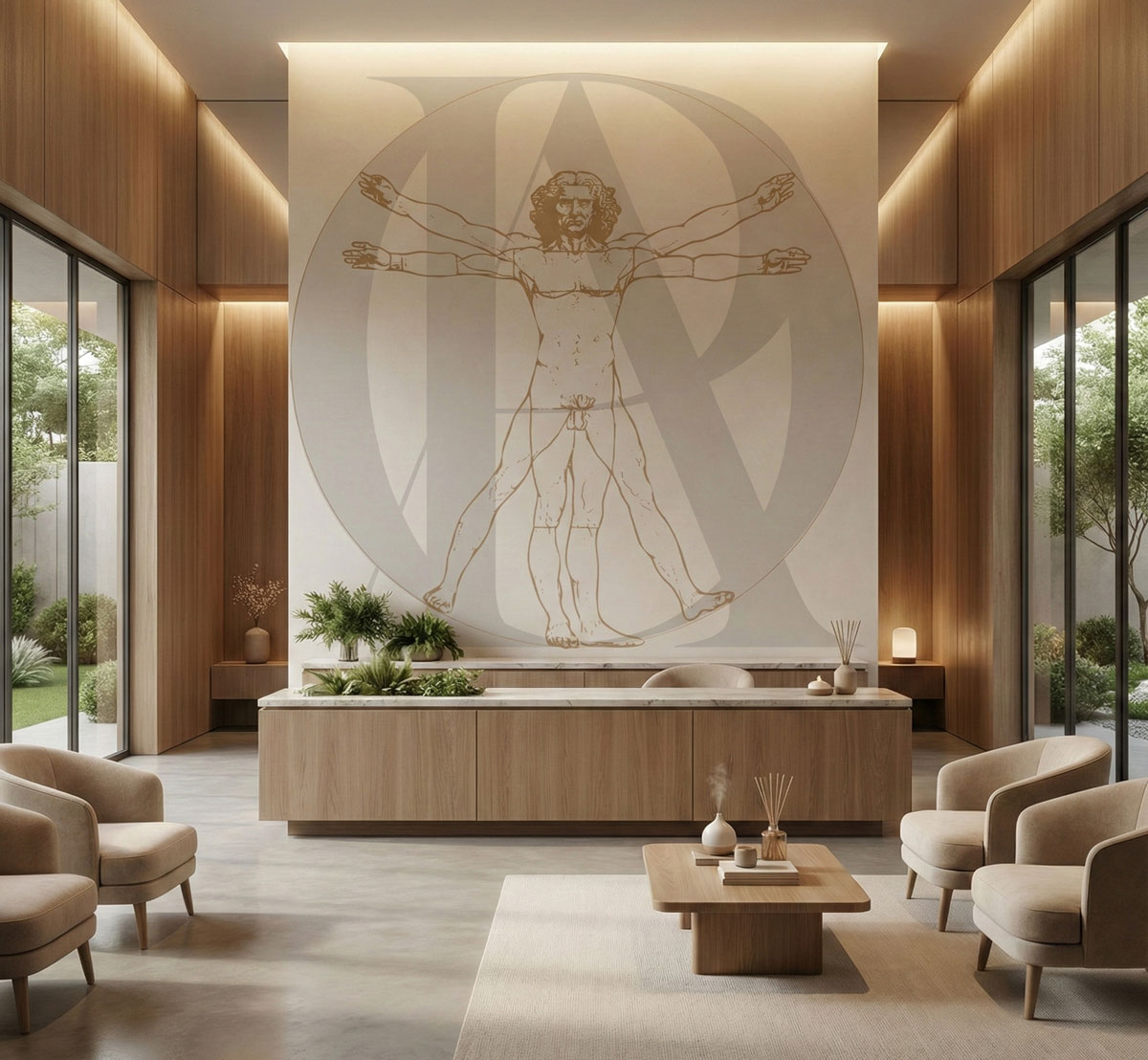 The Apotheosis lobby: the Vitruvian monogram wall behind the walnut reception desk