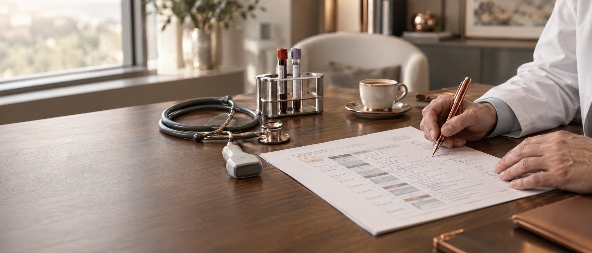A physician annotates a printed protocol with a copper pen beside a stethoscope and blood sample tubes