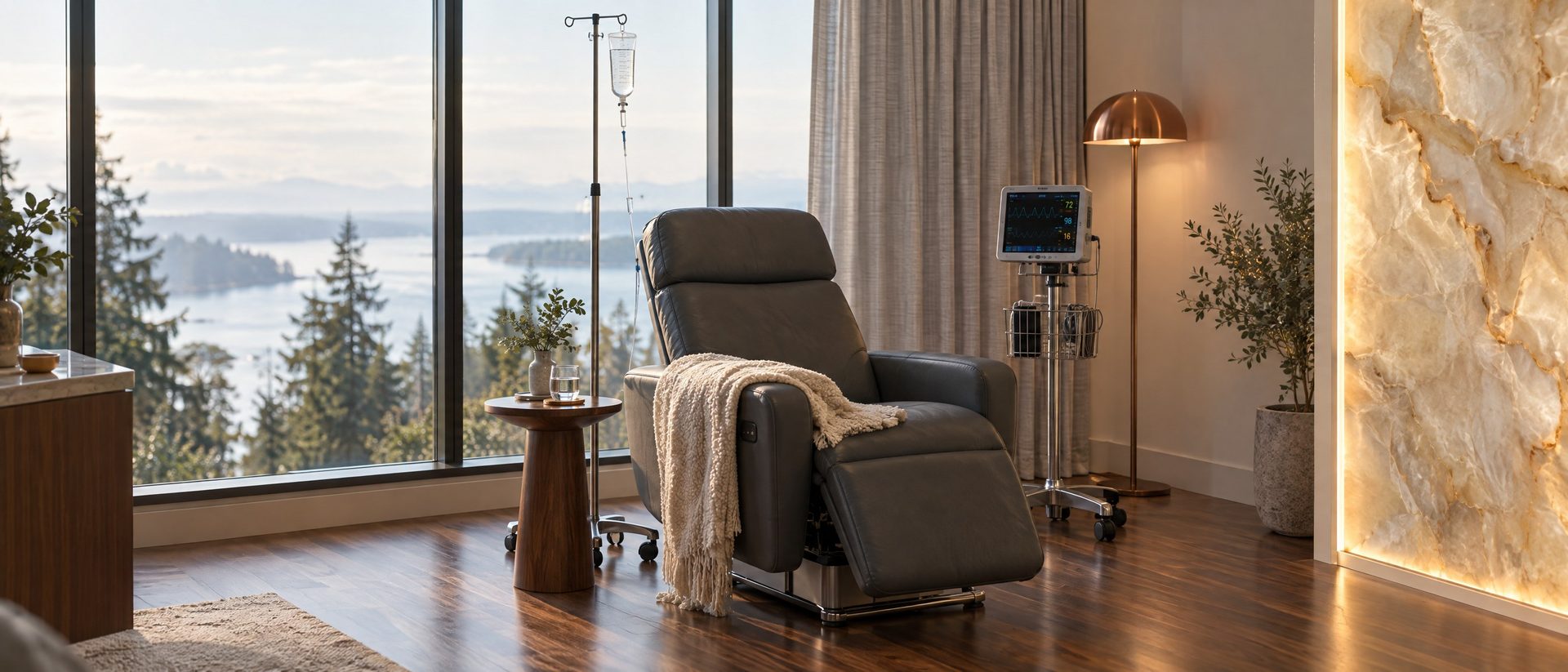 The IV Lounge, with a leather recliner, an IV pole and a vital signs monitor