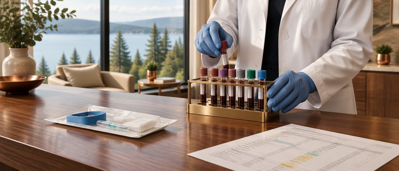 A physician places labeled blood sample tubes in a brass rack beside a printed lab report, Lake Washington through the window