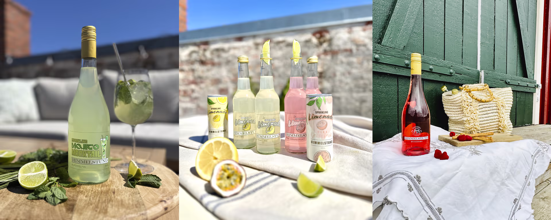 Tre bilder av Himmelstund drikkevarer: en flaske Mojito Mocktail med lime og mynte, flere flasker og bokser med limonade og grapefrukt med sitrusfrukter foran, og en flaske rød cider med bringebær og en veske ved en grønn dør.