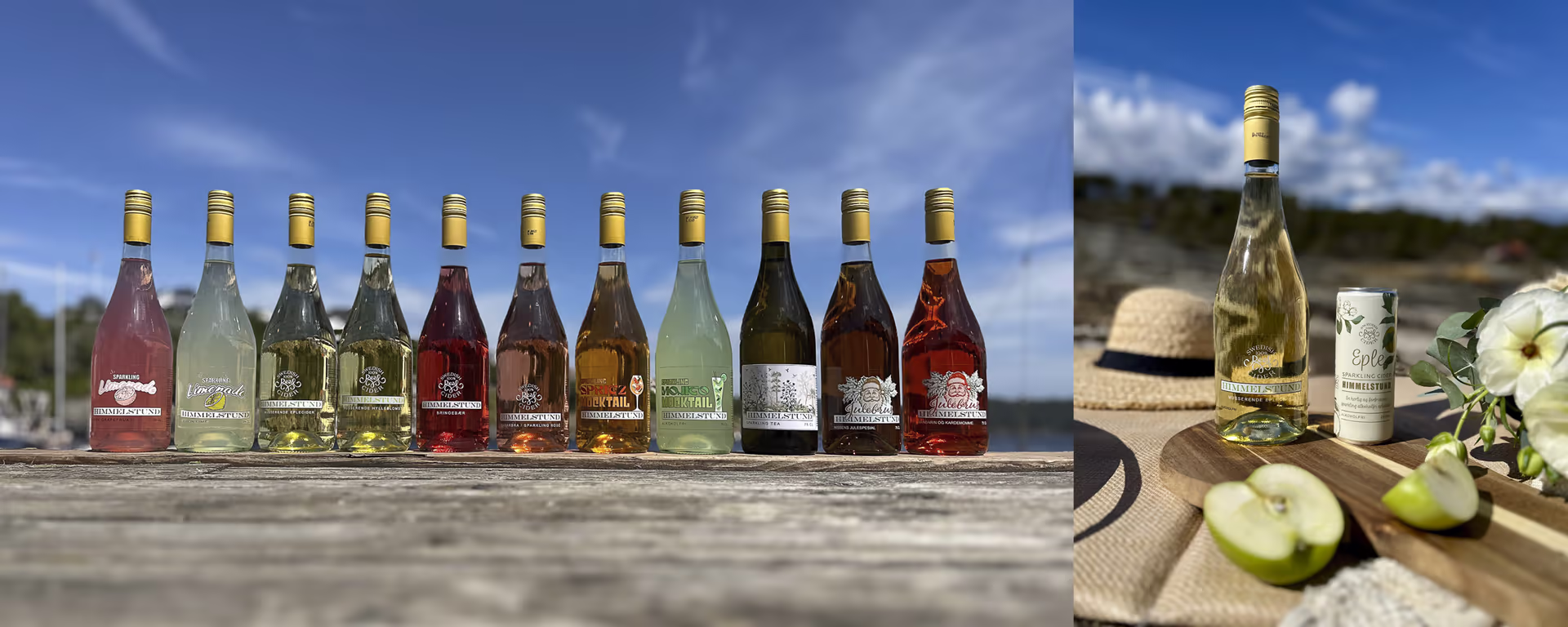En rekke fargerike flasker med Himmelstund sider på et trebord ved utendørs, ved siden av en flaske, en boks eplesider, eplebiter, en solsikkelue og hvite blomster.