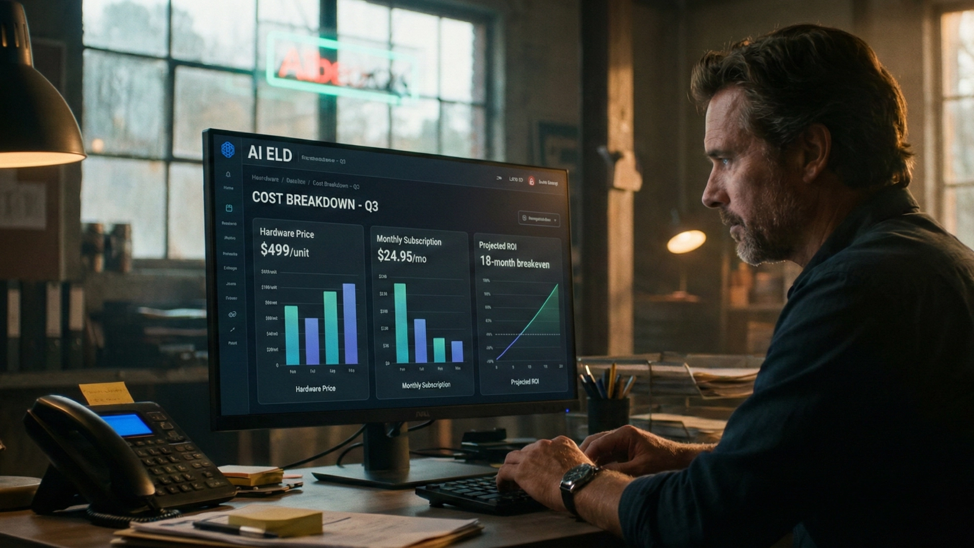 Fleet manager reviewing ELD cost breakdown on an AI ELD dashboard showing hardware prices, monthly subscriptions and ROI.