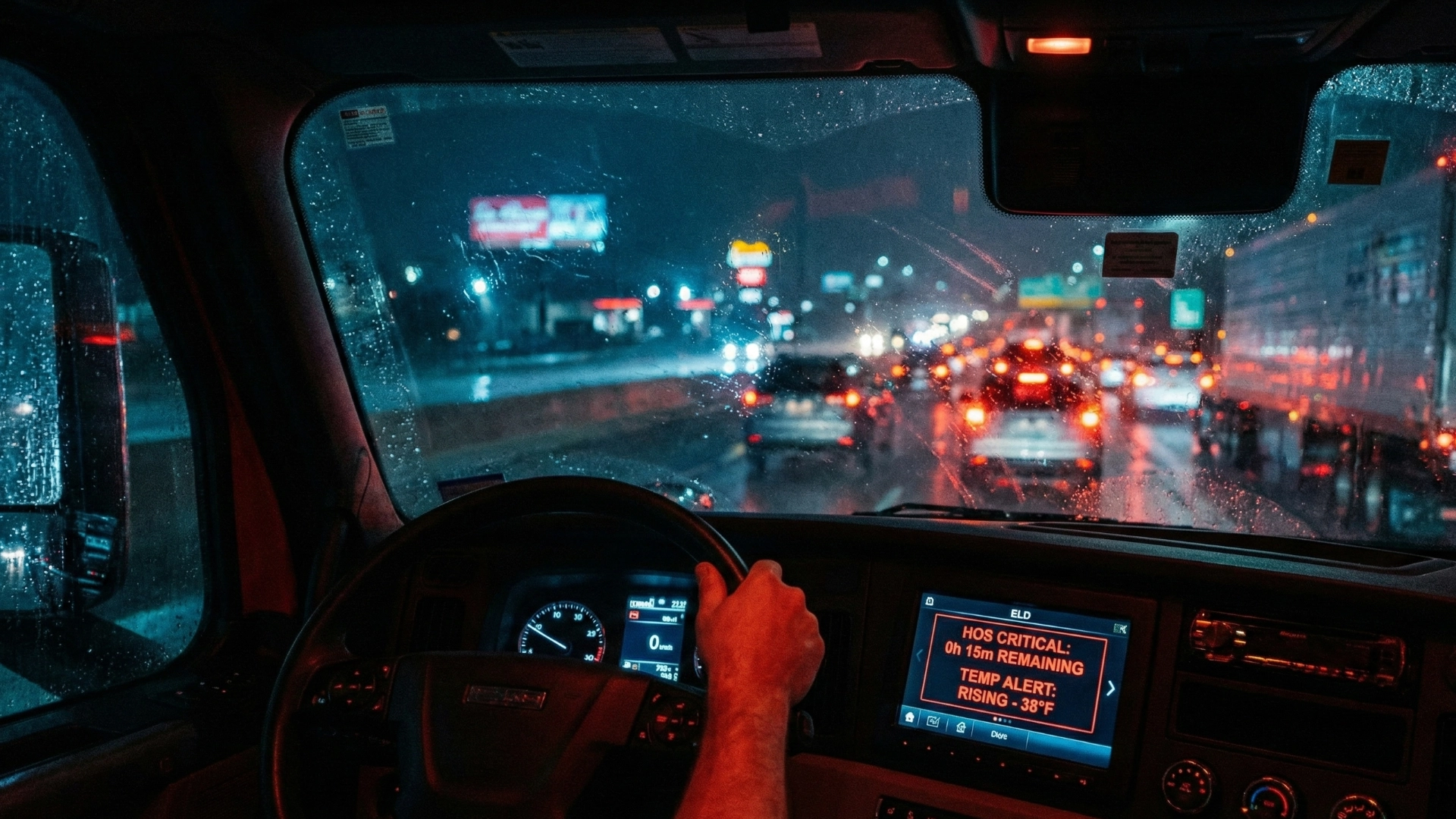 Reefer truck on a route with an HOS and ELD compliance dashboard showing time sensitive refrigerated loads and alerts.